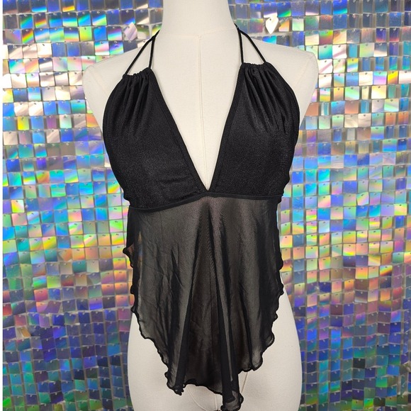 SHEIN Black Mesh Halter Top Handkerchief Hem XL US 12 Rave Clubwear - Picture 3 of 7